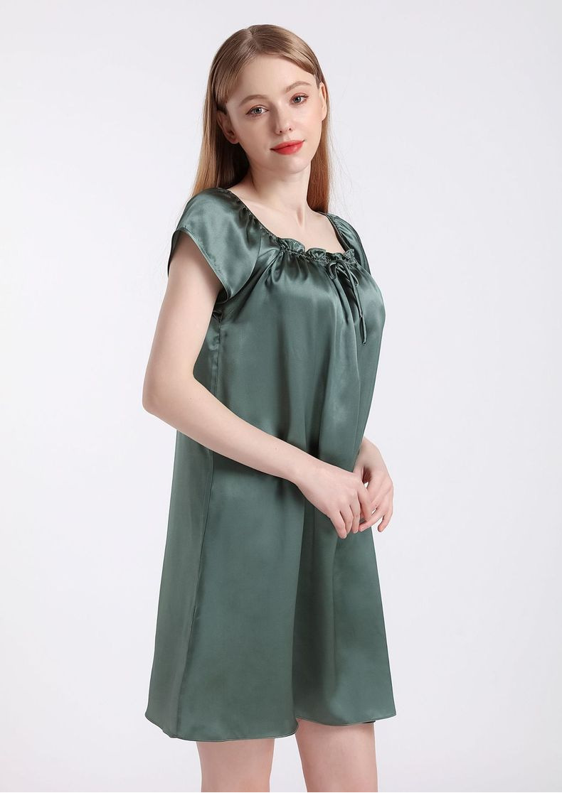 Home natural mulberry silk nightdress summer home color short sleeves women's home clothes can be worn outside nightwear