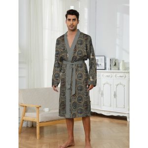 Home summer men's nightgown 3d pajamas long sleeved bathrobe tied thin home clothes new style suitable for all seasons