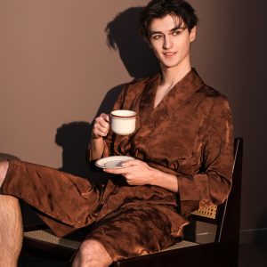 Home spring summer new jacquard men's robe silky satin kimono bathrobe gown male sleepwear homewear loose casual loungewear lingerie